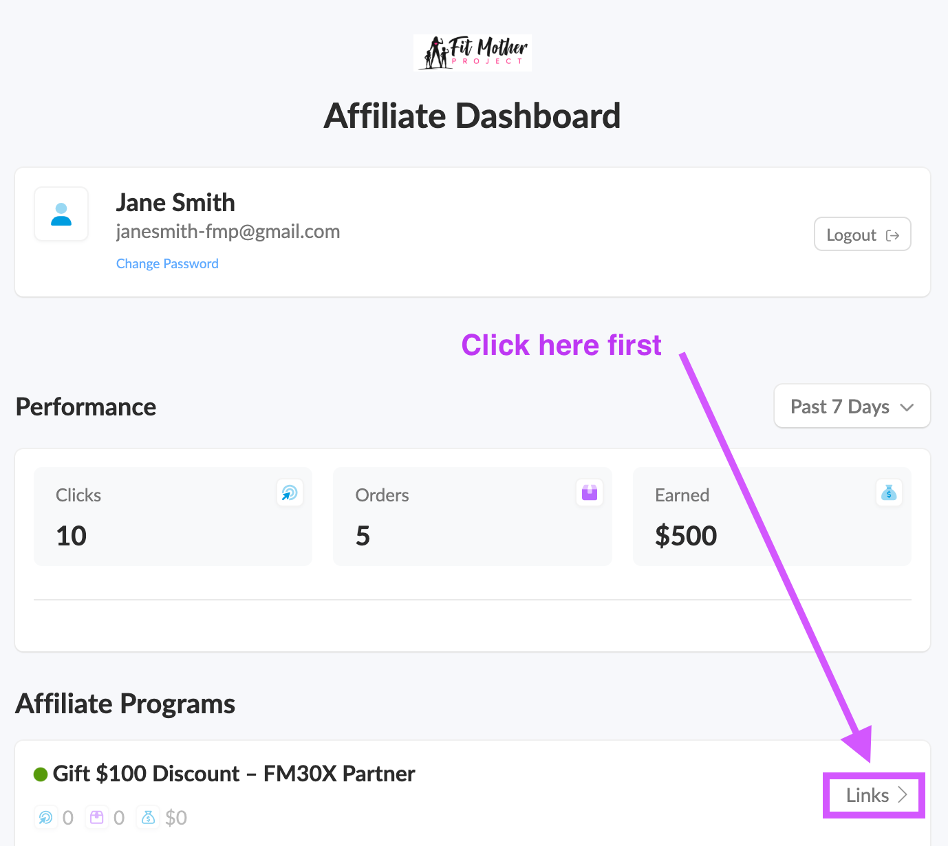 Affiliate dashboard β click Links next to your program